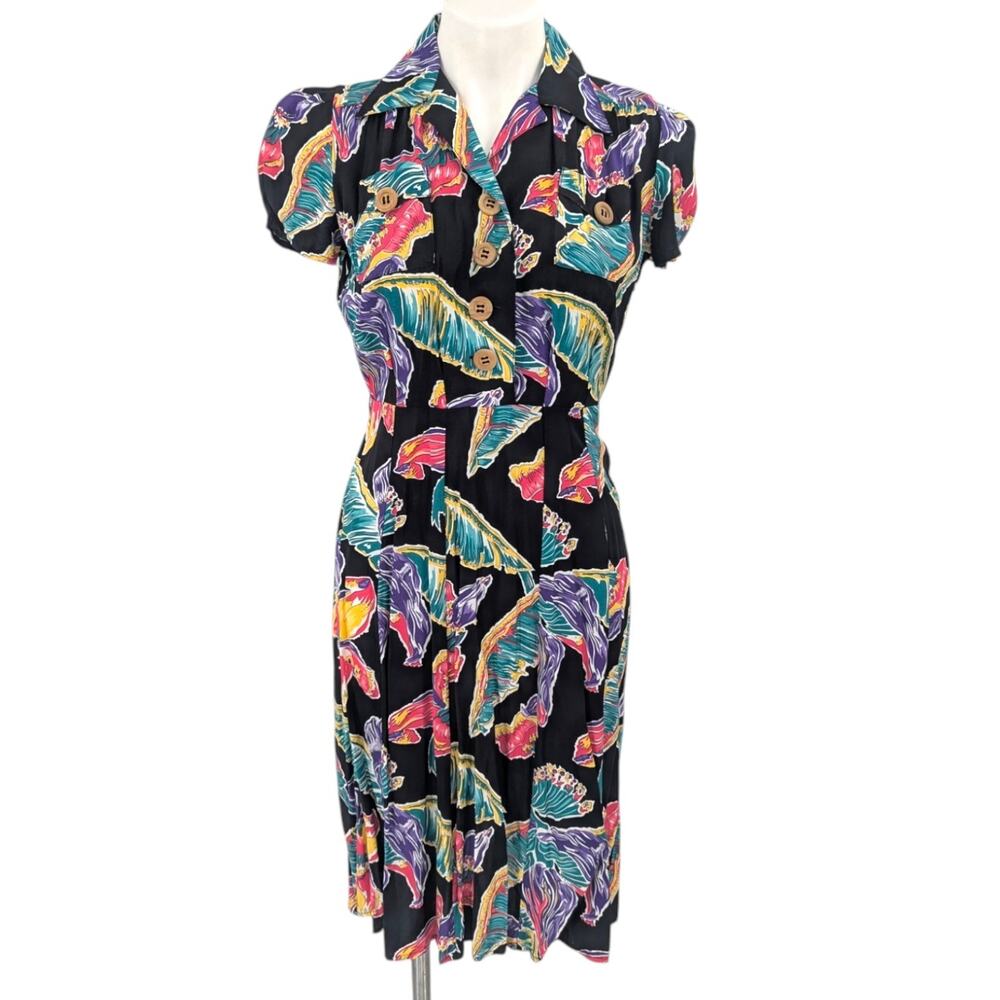 Trashy Diva Tropical Flowers Sweetie Dress in Black Rayon Size 6 Pinup Vintage